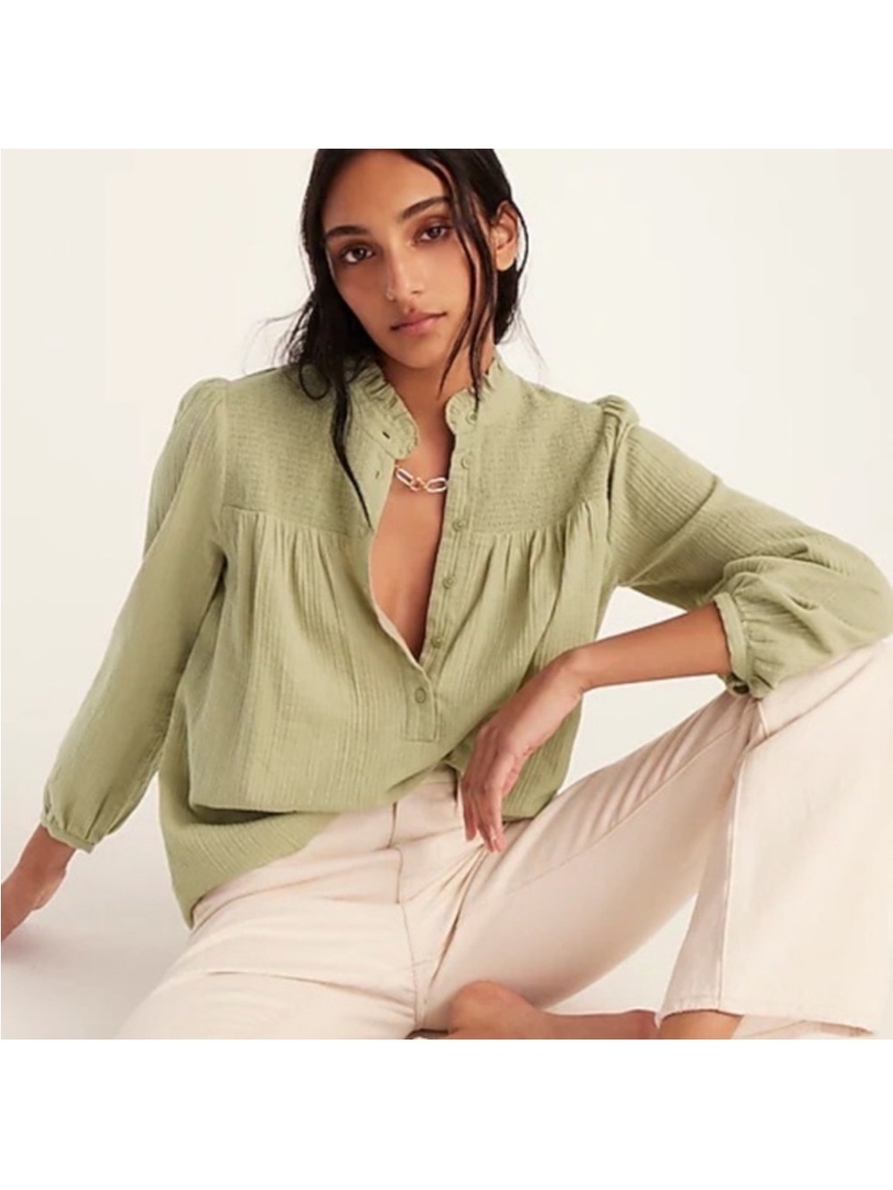 J. Crew Olive Green Soft Gauze Garden Button Blouse Smock Detail Ruffle Collar